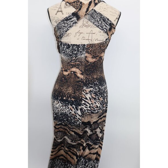 Animal Print Beaded Halter Maxi Dress Sexy Cross Back Design & Stretch Fabric - Picture 5 of 10